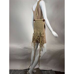 Handwoven Macrame Crossbody Bag With Wooden Handles & Fringe Details Natural Bei